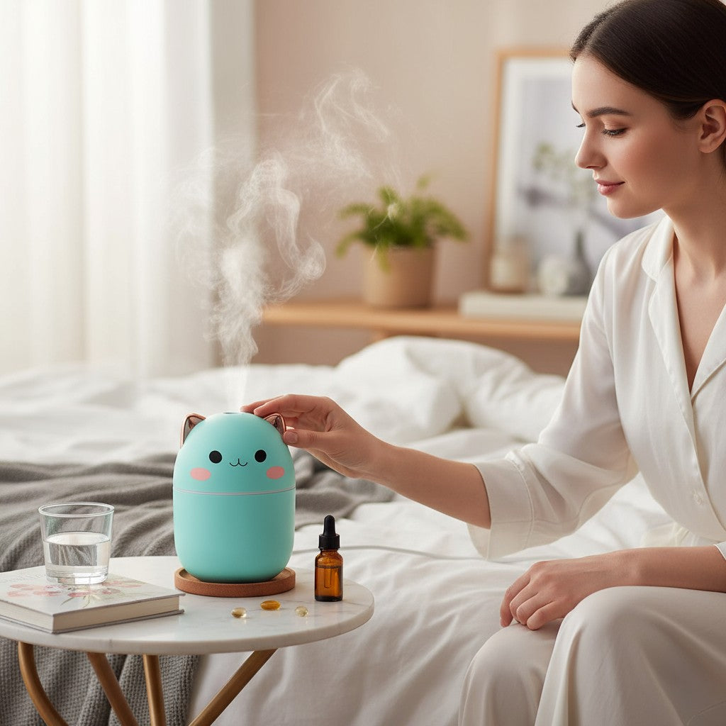 Woman using a blue cat diffuser on a bed
