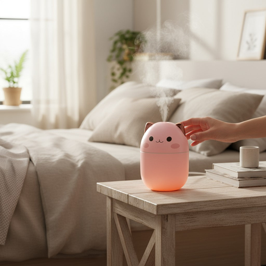 Pink humidifier with cat design on a wooden table in a bedroom