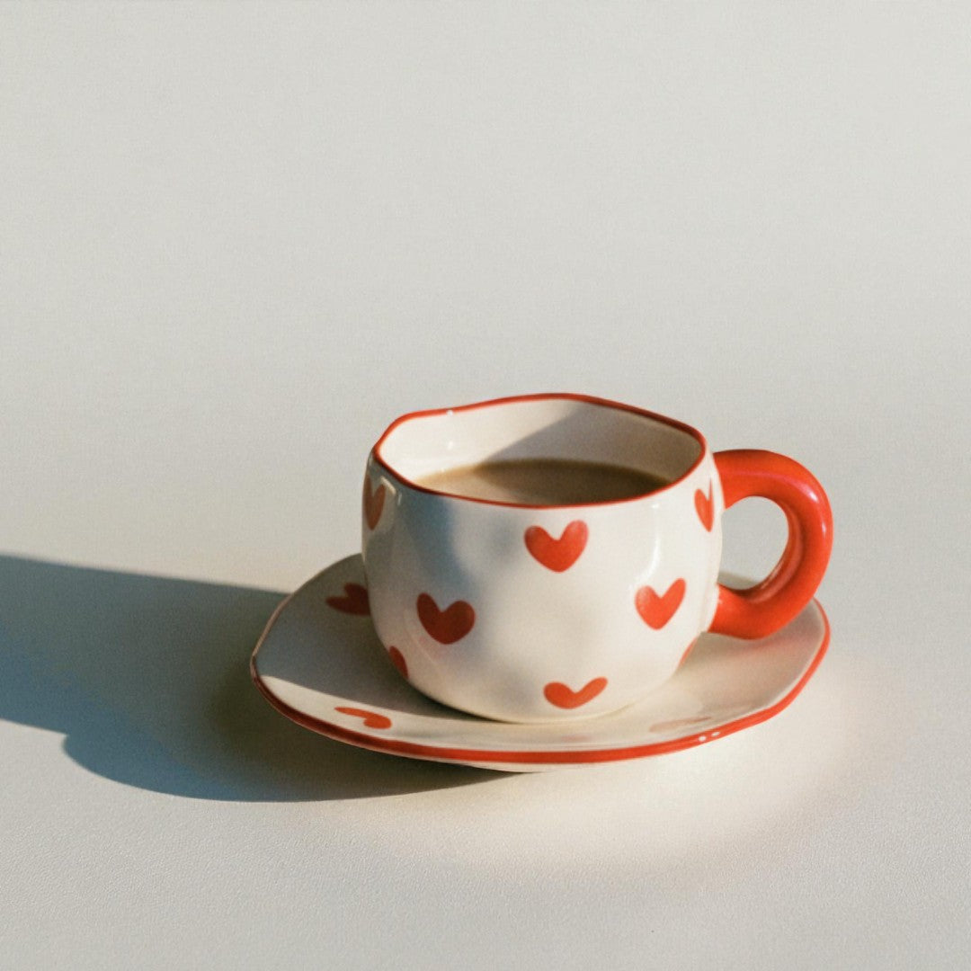Ceramic cup with red heart patterns on a white saucer against a light gray background