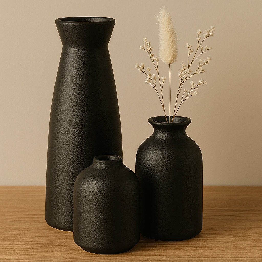 Matte black ceramic vases with dried botanicals on wooden surface — minimalist home décor accent by Lunari Haus.