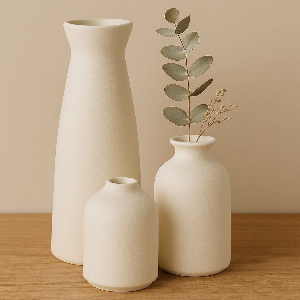 White ceramic vase set with dried eucalyptus stems — neutral minimalist décor piece for modern interiors.