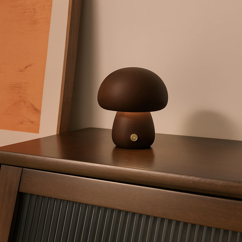 Dark wooden mushroom table lamp glowing softly on a polished wooden surface beside a warm-toned artwork — minimalist and cozy home décor by Lunari Haus.