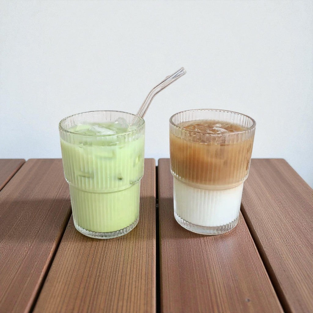 Nordic Glass Cup with Lid & Straw – Striped Design