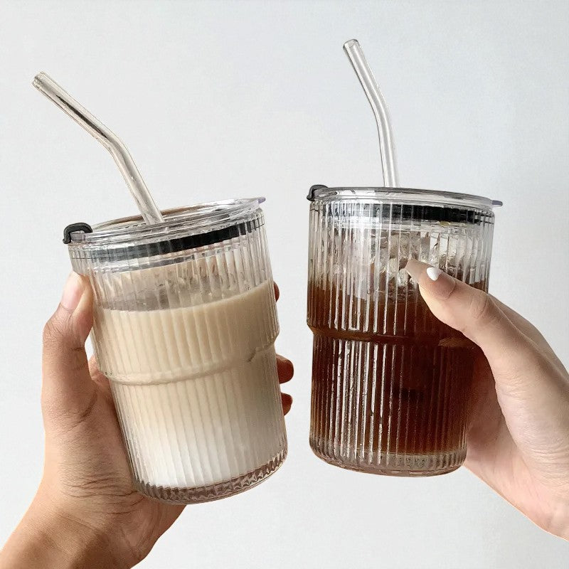 Nordic Glass Cup with Lid & Straw – Striped Design
