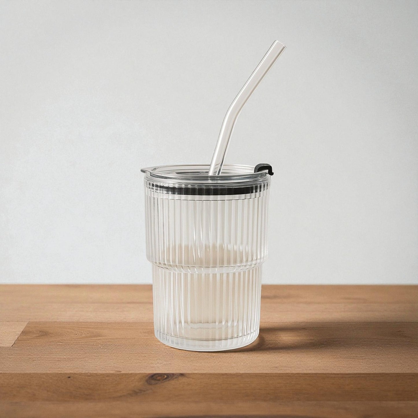 Nordic Glass Cup with Lid & Straw – Striped Design