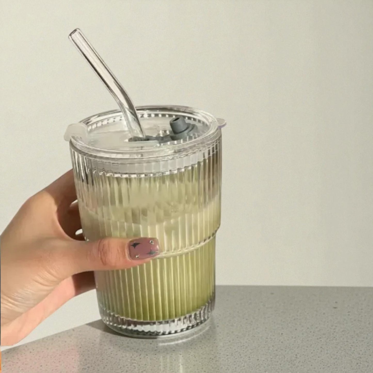 Nordic Glass Cup with Lid & Straw – Striped Design