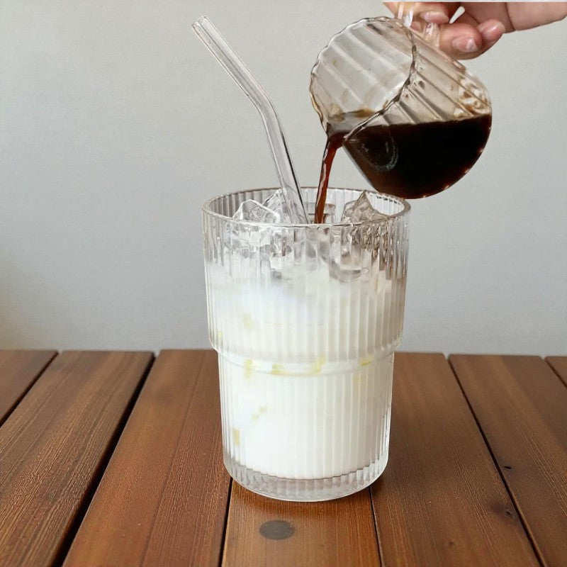 Nordic Glass Cup with Lid & Straw – Striped Design