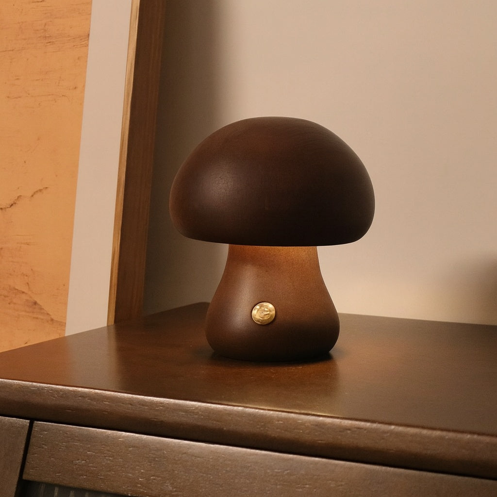 Dark wooden mushroom table lamp on a polished wooden surface, softly glowing with warm light beside an earthy-toned frame — minimalist natural décor by Lunari Haus.