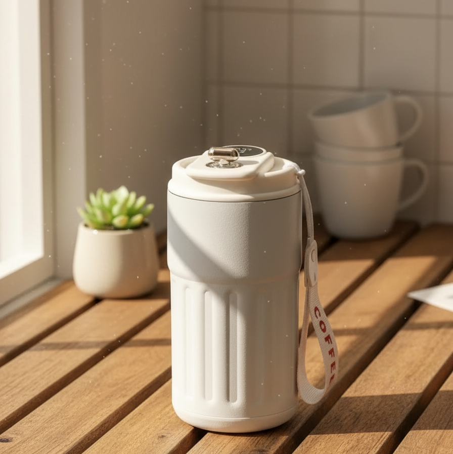 White stainless steel mug with lid on a wooden surface, sunlight streaming in.