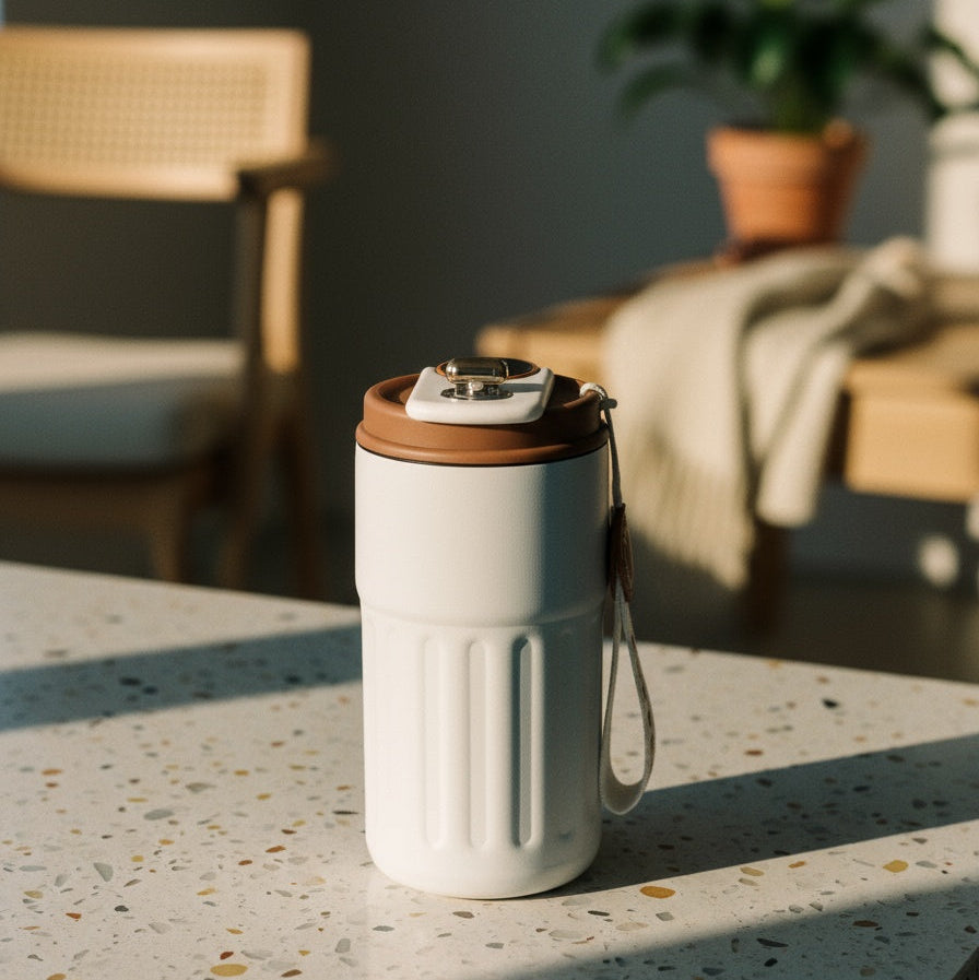 White stainless steel travel mug by Lunari Haus with a warm brown lid on a neutral beige surface in soft natural light.