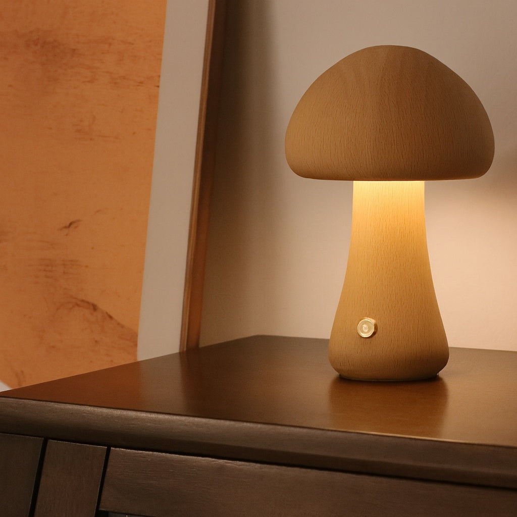 Mushroom-shaped lamp on a wooden surface with a warm glow