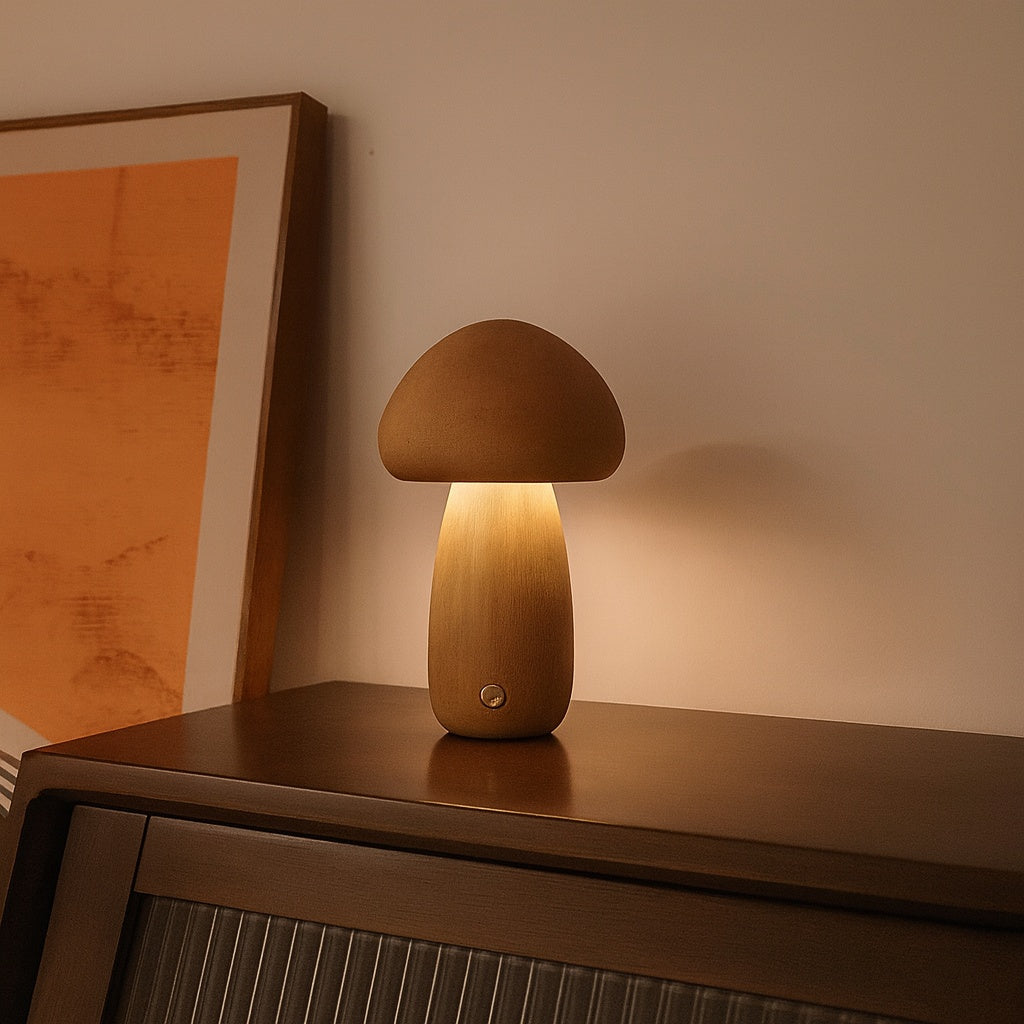 Tall wooden mushroom table lamp glowing softly on a dark cabinet beside warm-toned artwork — minimalist, nature-inspired home décor by Lunari Haus.