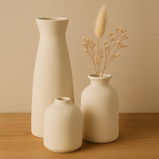White ceramic vase set with dried eucalyptus stems — neutral minimalist décor piece for modern interiors.