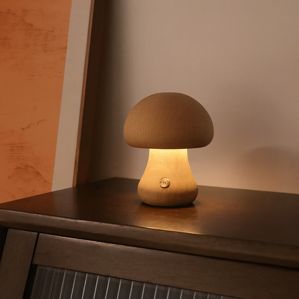 Minimalist wooden mushroom night light on a dark wooden surface, softly glowing with warm light — a cozy, nature-inspired home décor accent by Lunari Haus.