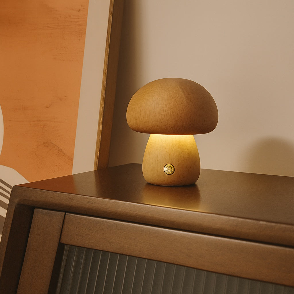 Minimalist wooden mushroom night light on a dark wooden surface, softly glowing with warm light — a cozy, nature-inspired home décor accent by Lunari Haus.