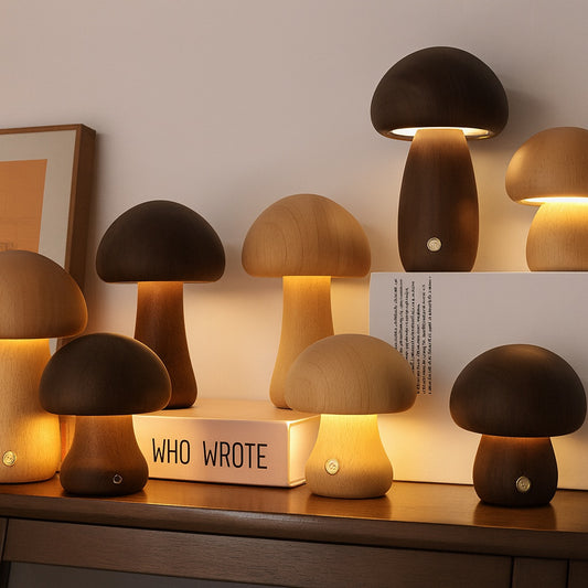 Minimalist wooden mushroom table lamps emitting a warm soft glow on a wooden shelf, cozy home décor by Lunari Haus.